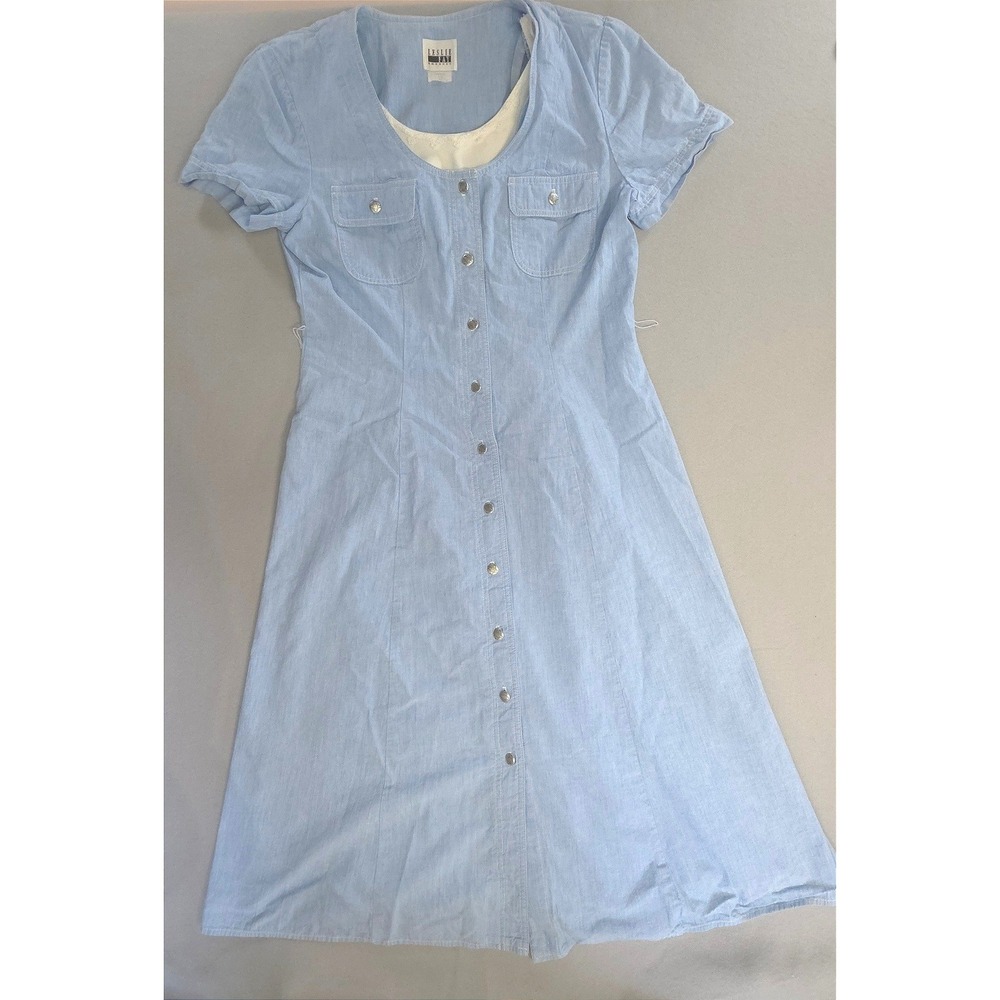Vintage Leslie Fay Cottagecore Chambray Midi Dress 12 Blue Button Front Prairie